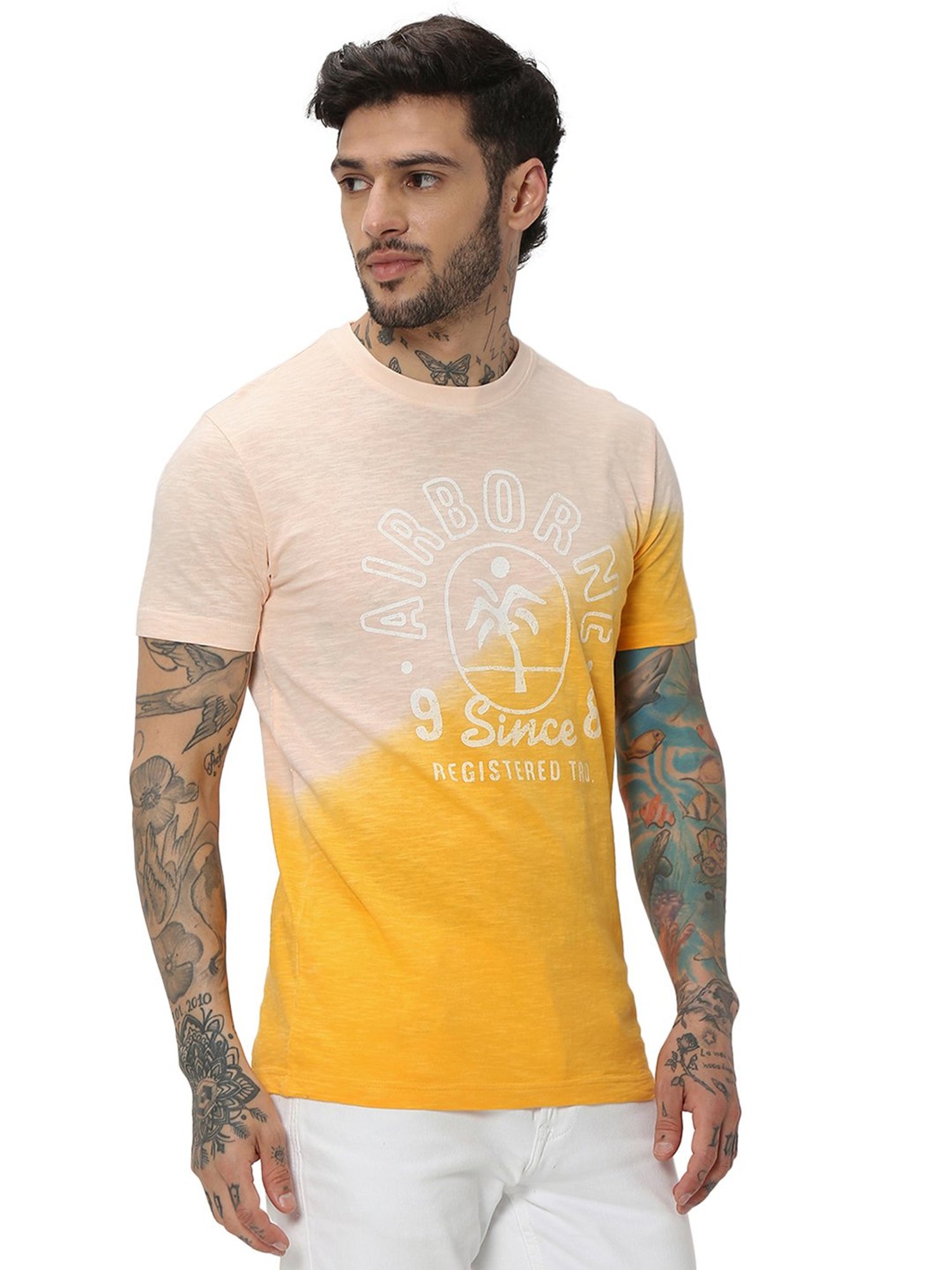 Mufti Orange Slim Fit Graphic Print Cotton Crew T-Shirt