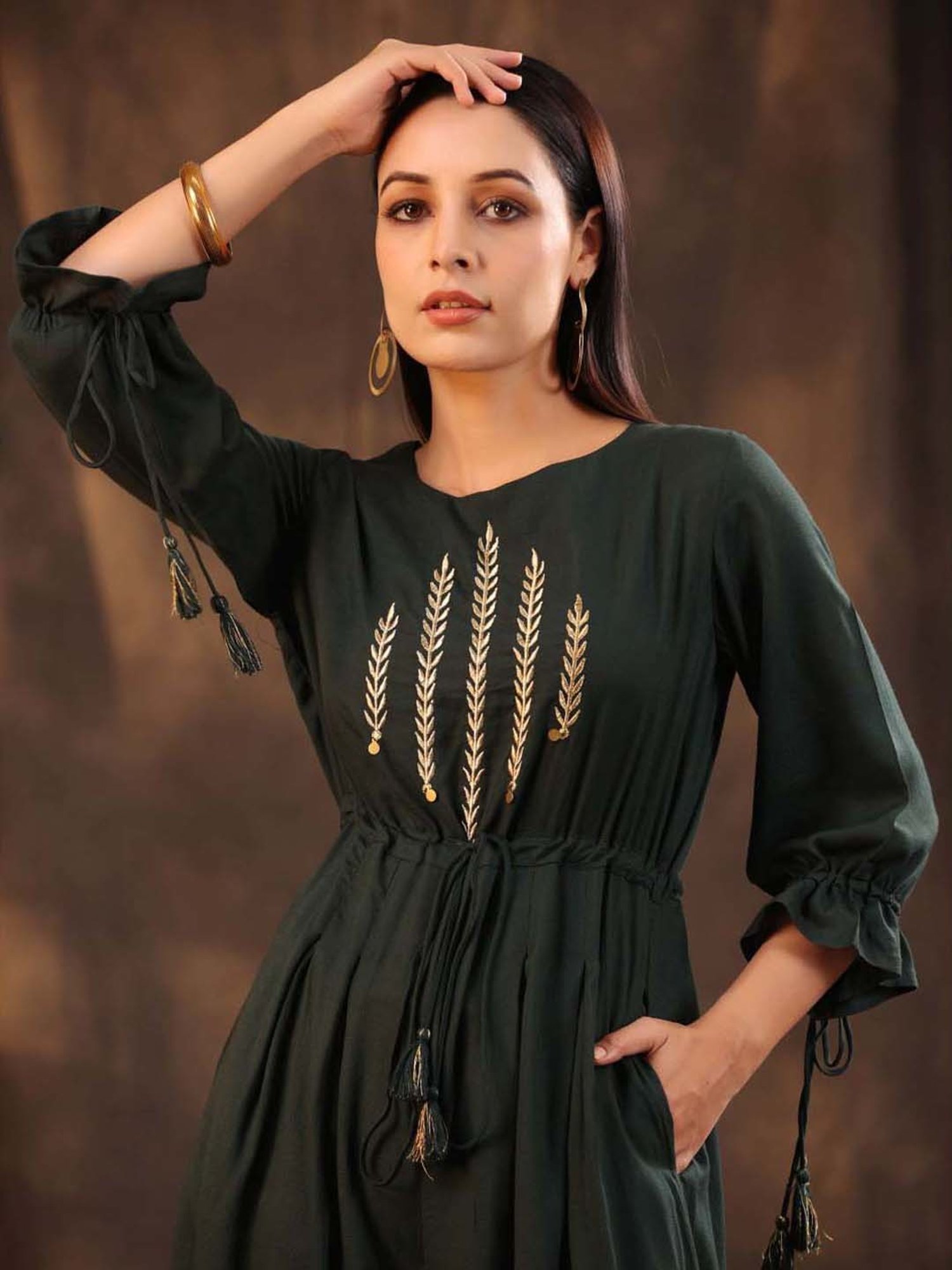 Juniper Jade Green Ethnic Motif Printed Rayon Slub Jumpsuit With Zari Work Embroidery