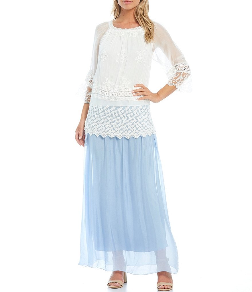 M Made in Italy 3/4 Sleeve Crochet Lace Silk Blend Layered Tunic