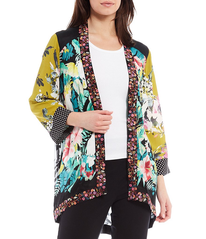 John Mark Embroidered Collar Crepe Floral Printed Kimono Jacket