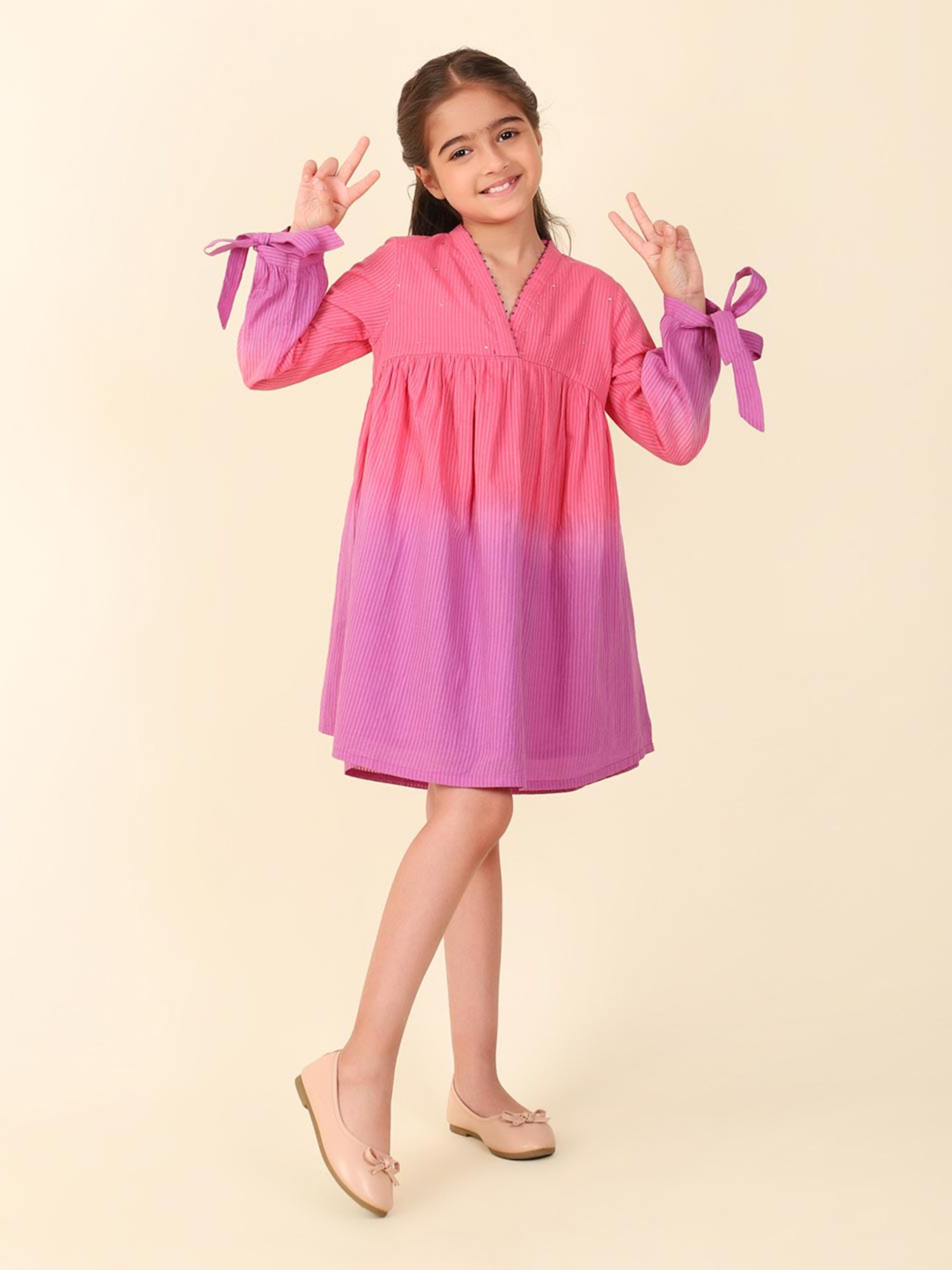 Fabindia Kids Pink & Purple Printed Full Sleeves Dress