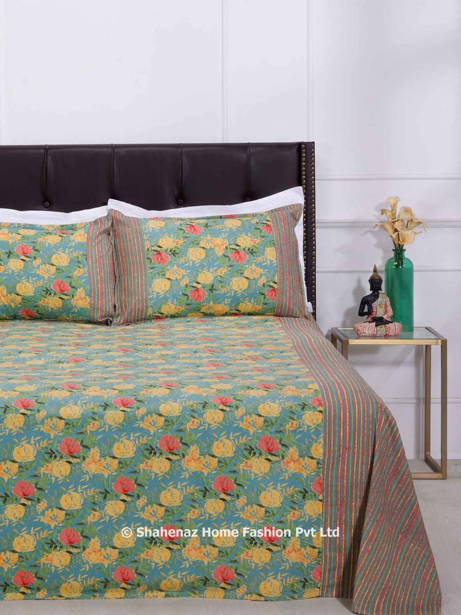 Shahenaz Turquoise 120 TC Cotton Rose Garden Luxury Double Bedsheet with 2 Pillow Covers