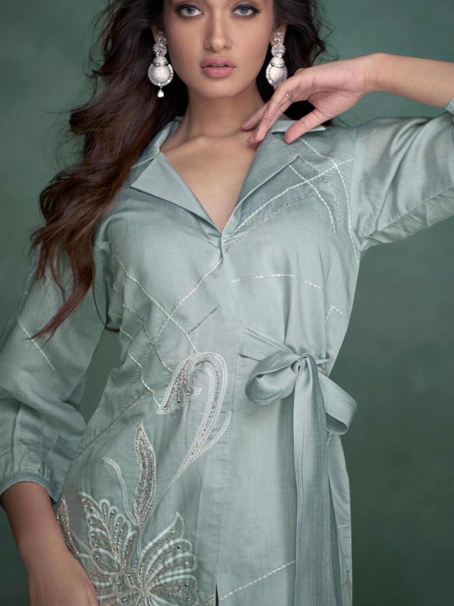 Autumnlane Blue Selena Sober Embroidery Tunic with Pant Co-ord Set