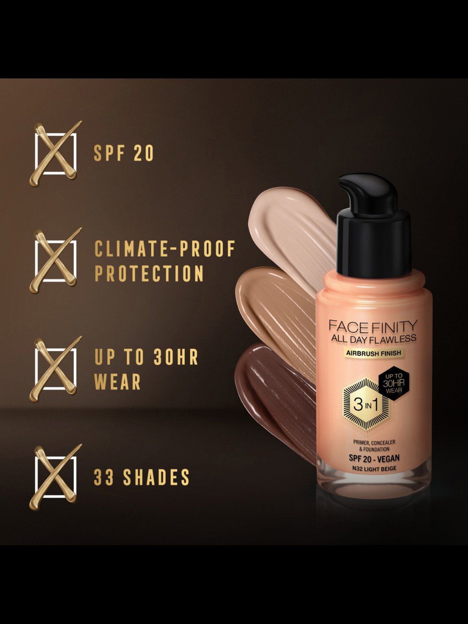 Max Factor Facefinity All Day Flawless 3 In 1 Foundation SPF 20 N32 Light Beige - 30 ml