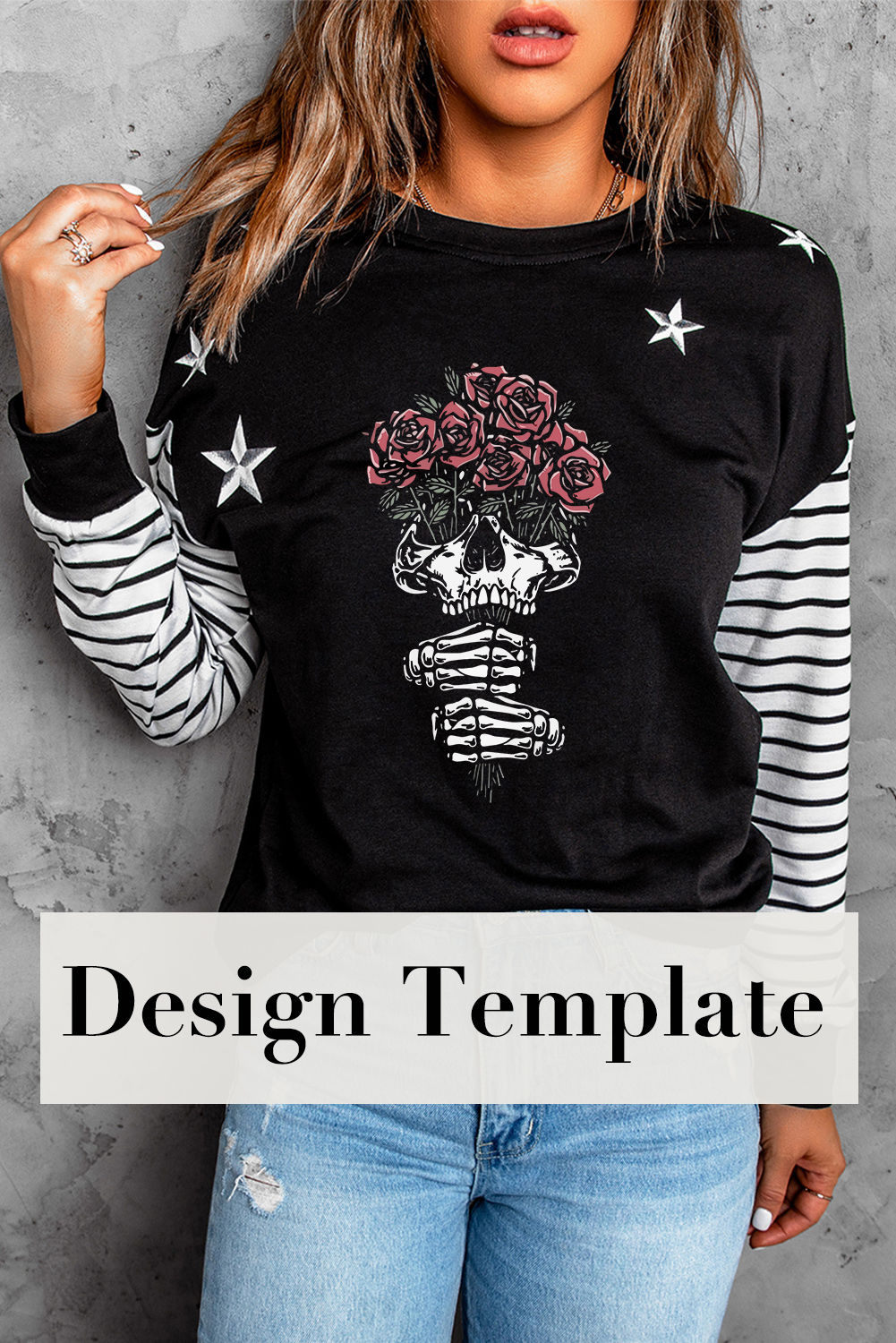 Blank Sweatshirt - Black Striped and Stars Print Long Sleeve T-Shirt Customized