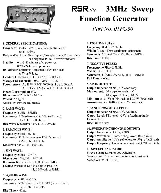 3 MHz Sweep Function Generator, Six Waveform Functions