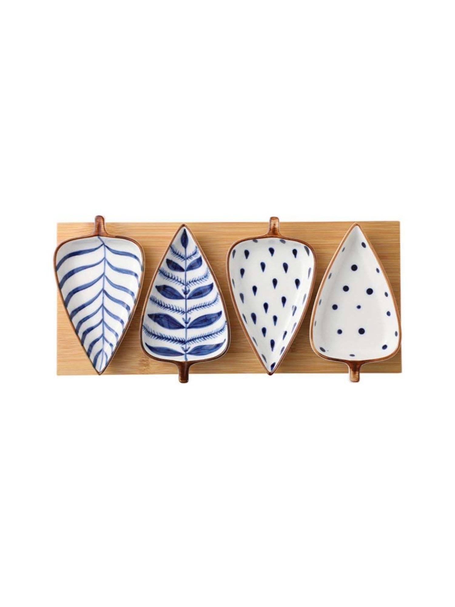 Nestasia Leaf-Shaped Ceramic Blue & White Glossy Serving Platter with tray(Set of 1 Tray & 4 Plates)