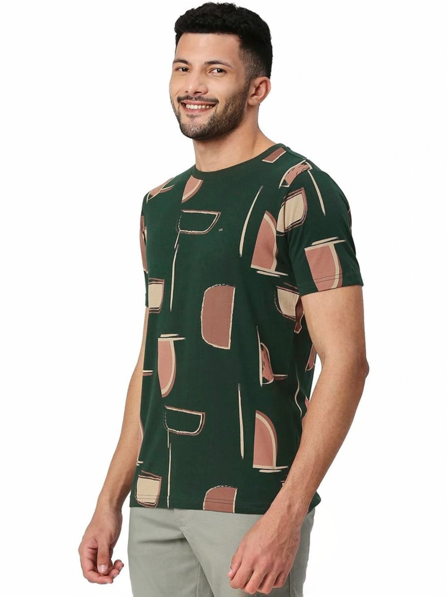 Basics Green Muscle Fit Printed T-Shirt