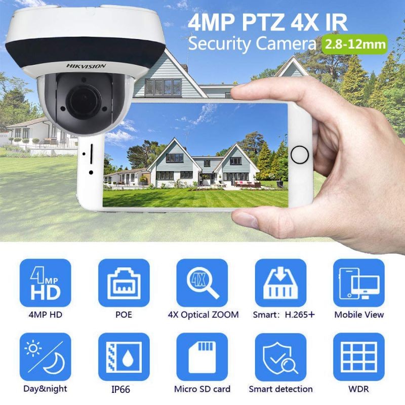Hikvision 4MP HD PTZ Outdoor POE IP Camera DS-2DE2A404IW-DE3, Pan/Tilt/2.8mm~12mm 4X Optical Zoom, 4-Megapixel (2560x1440),Night Vision 20m,SD Card Recording,Audio Input Output IP66 IK10 H.265+, 1-Pcs
