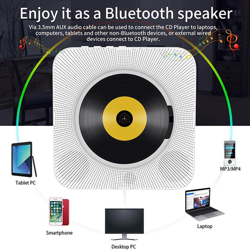 Portable CD Player Wall Mountable Loudspeaker Bluetooth Home Audio CD Boombox Stereo Music Player FM Radio with Remote Control