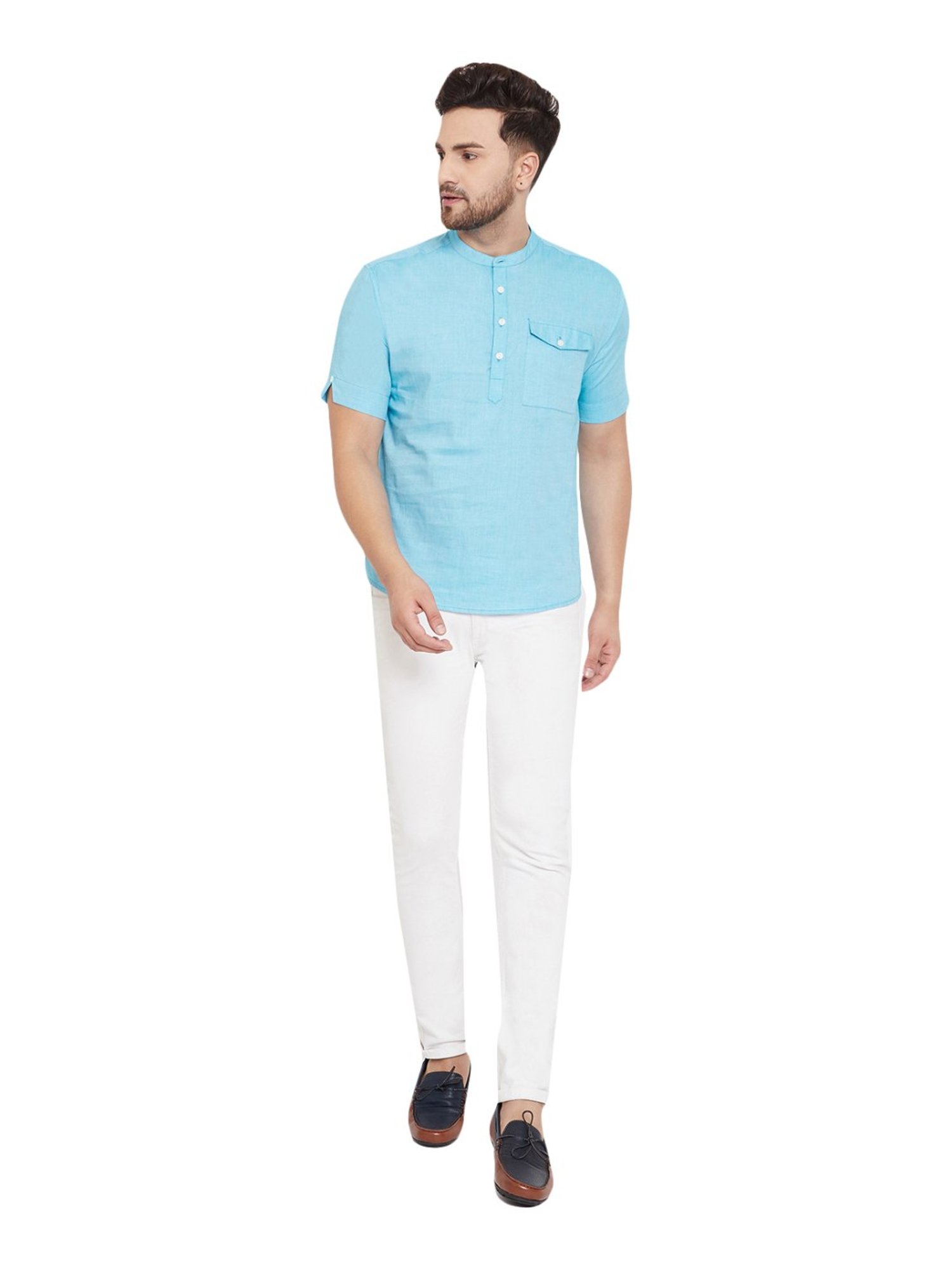 Even Sky Blue Cotton Regular Fit Short Kurta