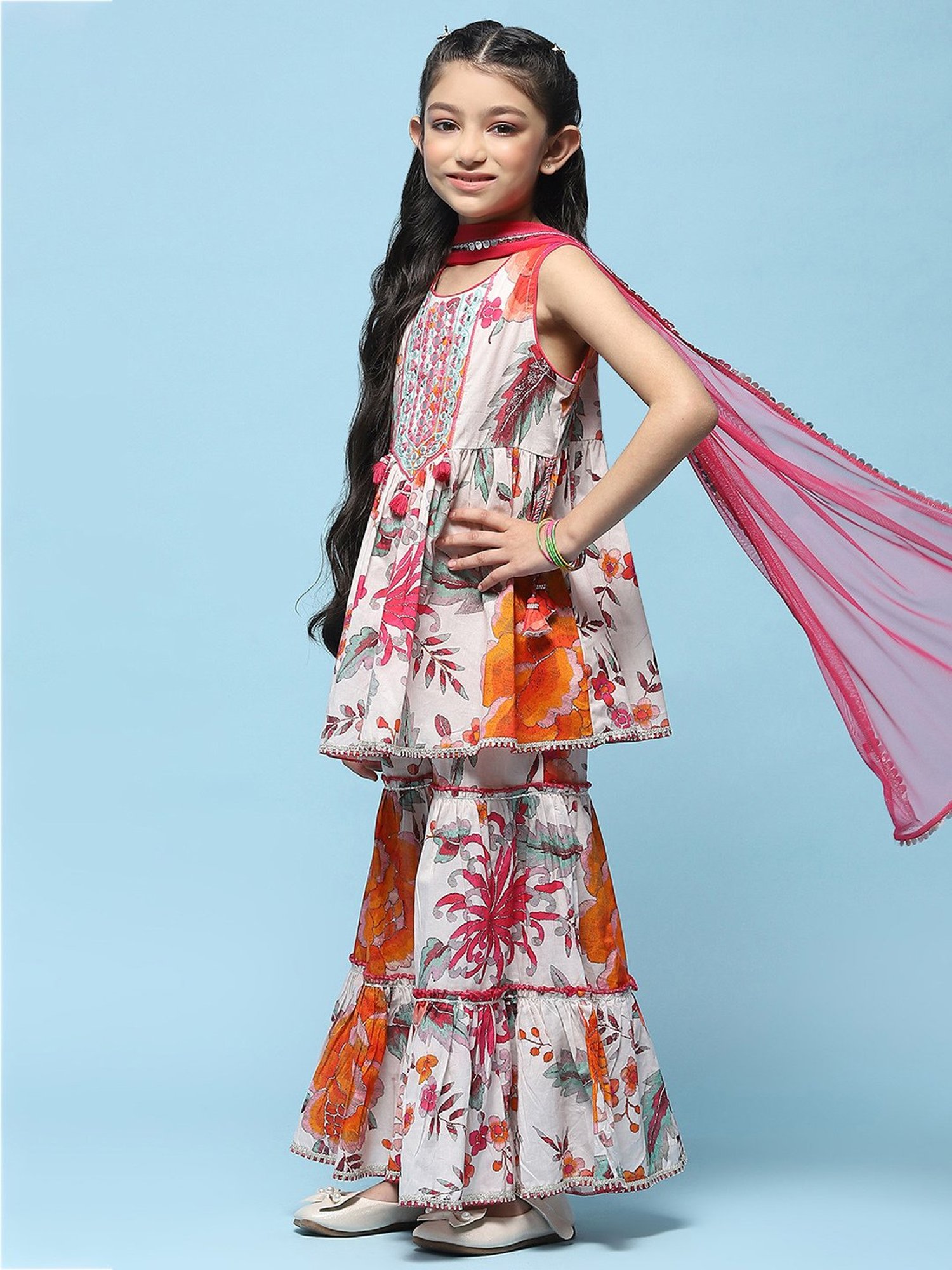BIBA Girls White & Pink Printed Kurta, Sharara with Dupatta