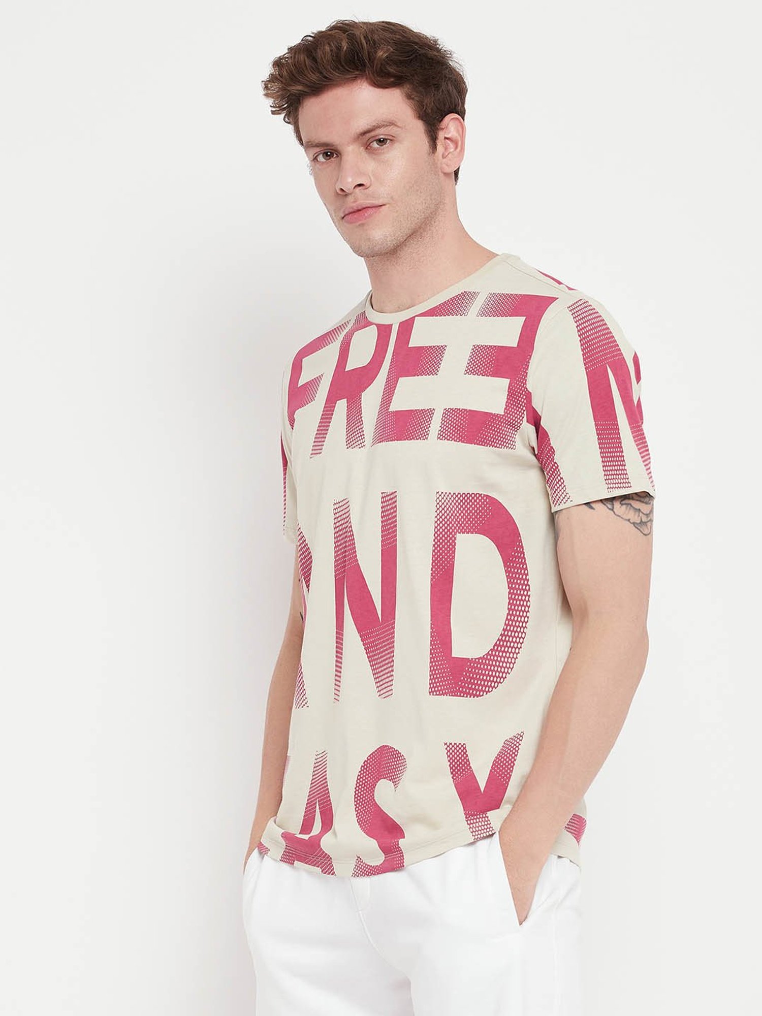 EDRIO Beige Regular Fit Printed T-Shirt