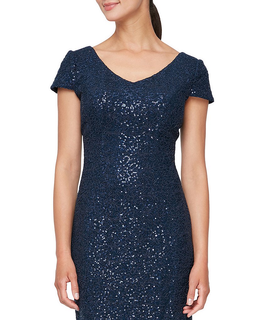 Alex Evenings Corded Lace Cap Sleeve V-Neck Sheath Dress