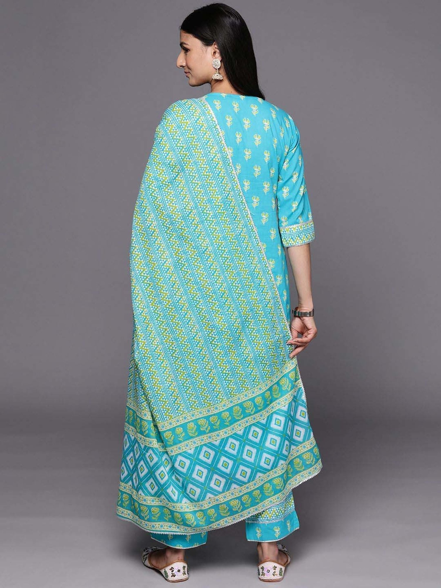 Libas Blue Cotton Printed Kurta Pant Set With Dupatta