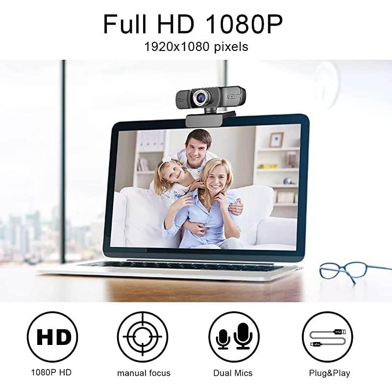 Webcam 1080P  Manual Focus Full HD Live Stream Web Camera for Video Calling and RecordingLaptop Camera with Builtin MicsComputer USB Webcam with Widescreen and 360 Degree Rotatable Clip