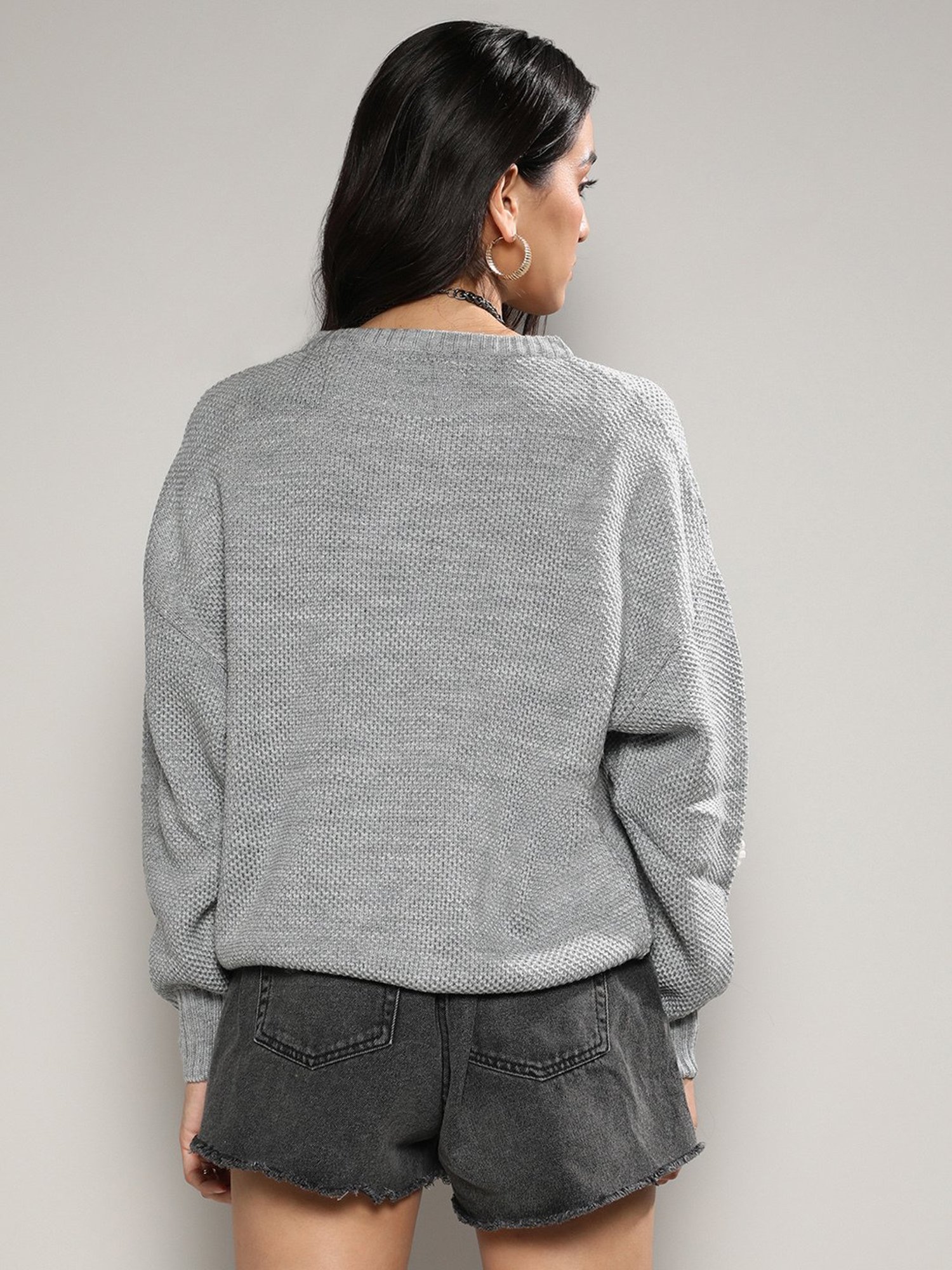 Campus Sutra Grey Embroidered Sweater