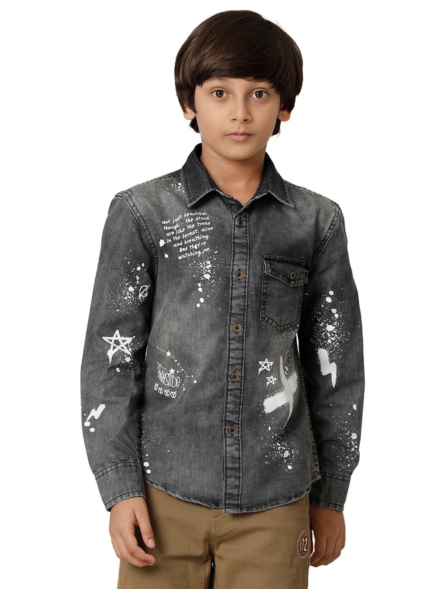 Under Fourteen Only Kids Black Printed Full Sleeves Denim Shirt