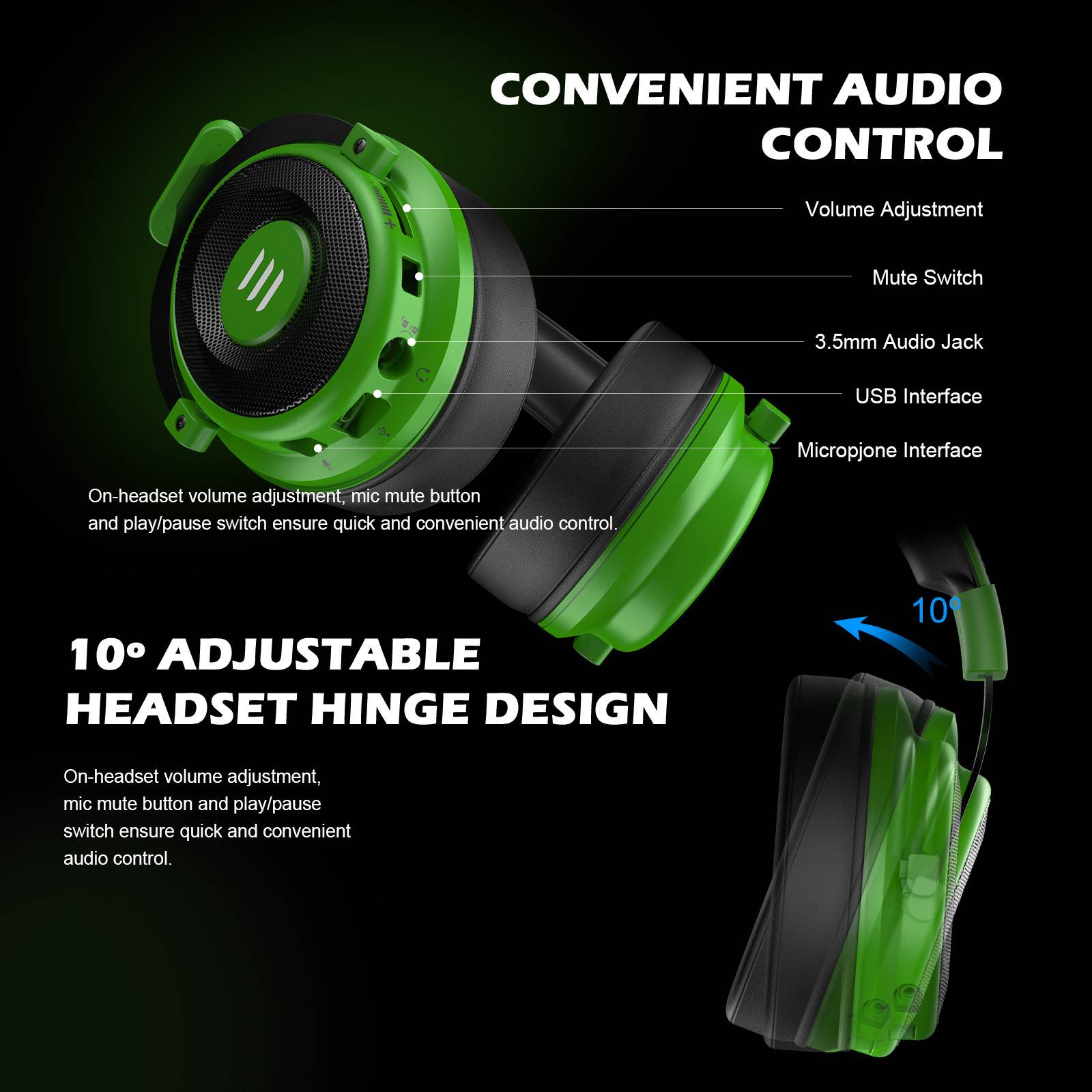 EKSA E900 Pro Gaming Headset with Detachable Microphone 7.1 Surround Sound Headset Gamer USB/3.5mm Wired Headphones For PC PS4 Xbox one Earphones(Green)