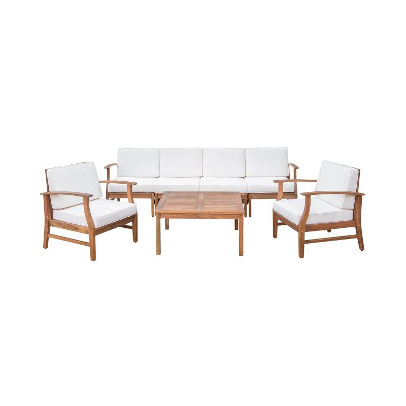 Perla 7pc Acacia Wood Sofa & Club Chair Set - Teak/Cream - Christopher Knight Home