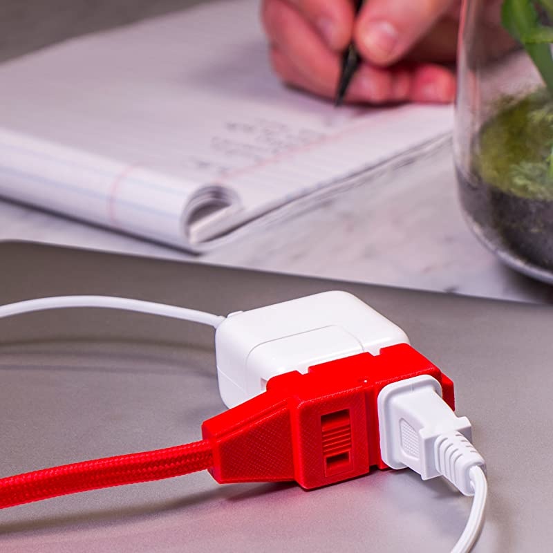 Bright Red, Designer 3-Outlet Extension Cord, 8 Ft Braided Cable, 2-Prong Power Strip, Slide-to-Lock Safety, Low-Profile Flat Plug, Polarized, ETL Listed, 39985-T1, 8 ft, 8 Ft