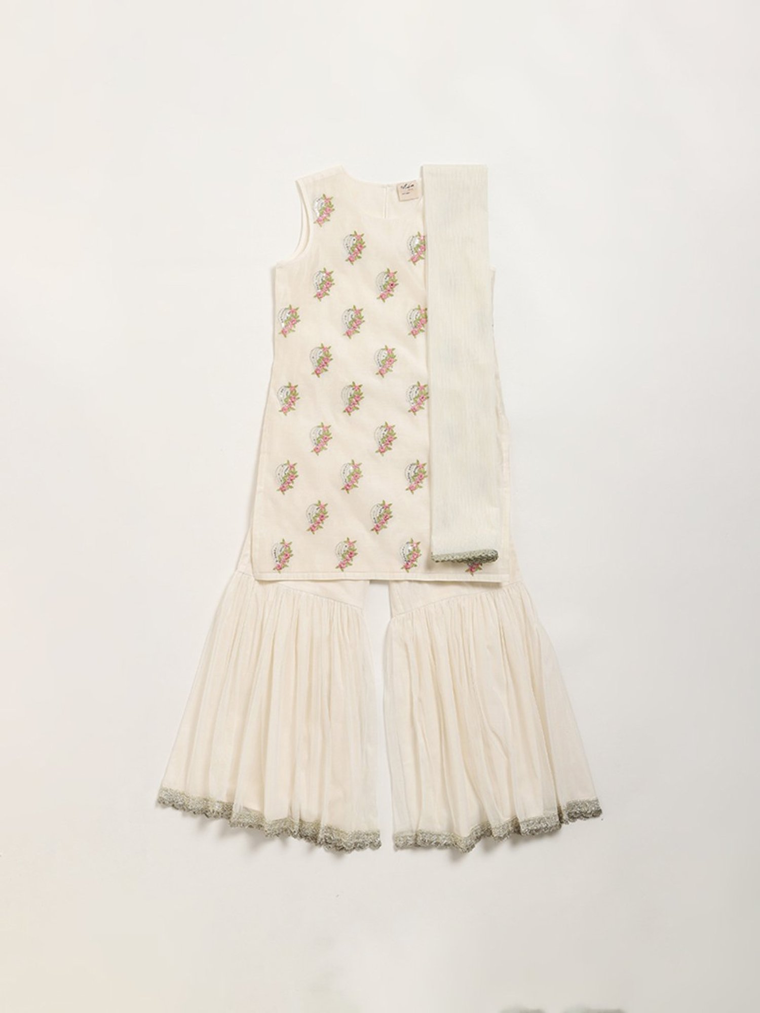 Utsa Kids by Westside Off-White Floral Kurta, Sharara & Dupatta
