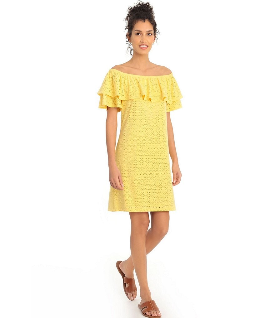 London Times Petite Size Off-the-Shoulder Eyelet Shift Dress