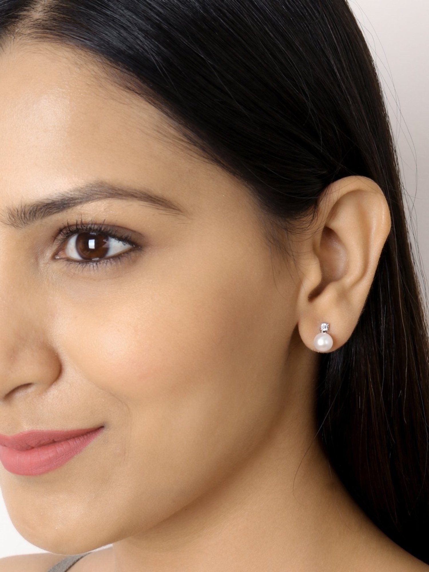 925 Silver Freshwater Pearl and American Diamond Stud Earrings for Women & Girls