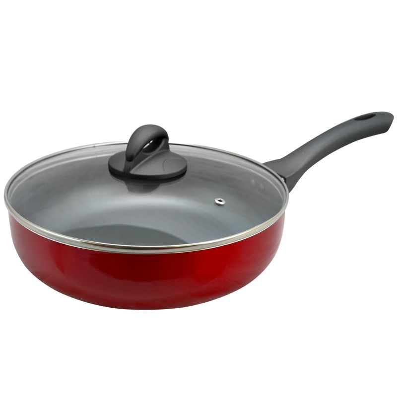 Oster Herscher 3.5 Quart Aluminum Saut'e Pan with Tempered Glass Lid in Red