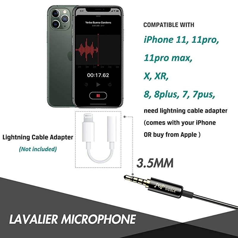 Professional Lavalier Lapel Microphone Omnidirectional Condenser Mic for iPhone Android SmartphoneRecording Mic for YoutubeInterviewVideo