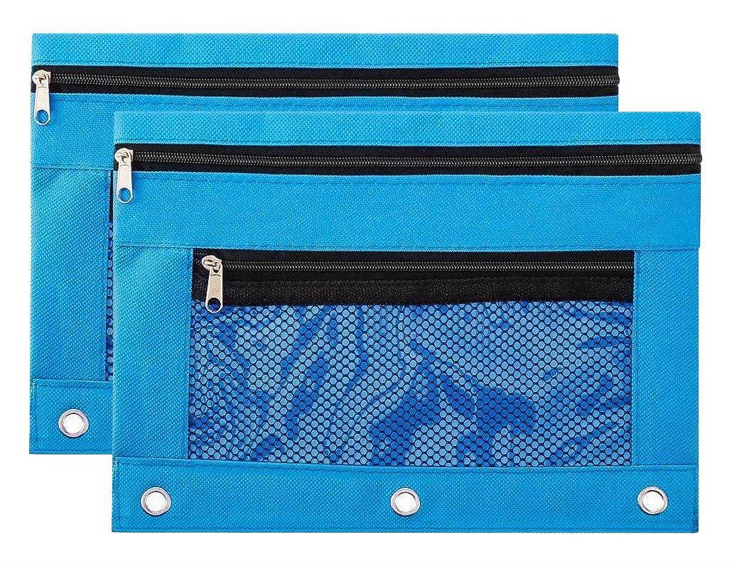 Pencil Case Pencil Pouch Zipper with 3 Ring and Double Pocket and Mesh Window(Blue,2 Pack)
