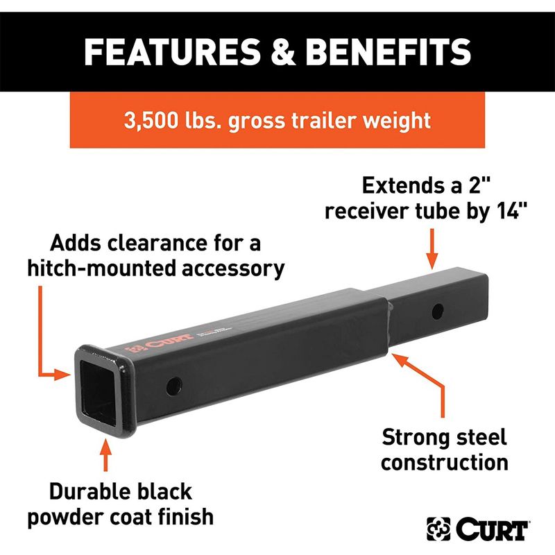 CURT 45795 14 Inch Corrosion Resistant Trailer Hitch Extension for 2 Inch Receiver Tube Holds 3500 Pounds and Extends Tow Load, Black