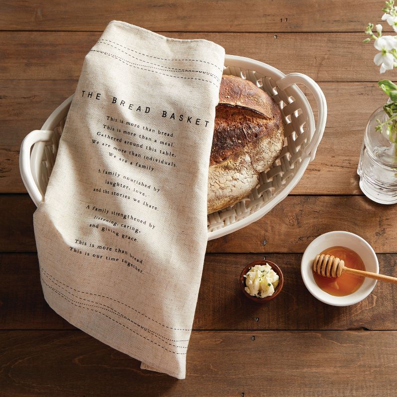 DEMDACO Large Ceramic  Bread Basket with Towel 16 x 11 - White