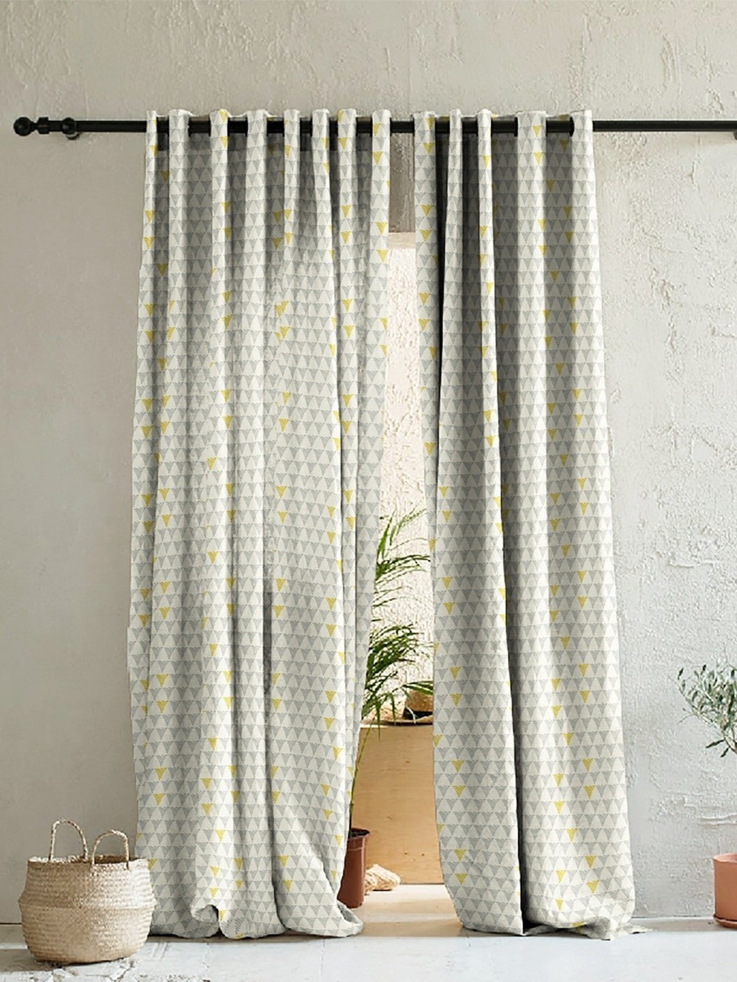 SPACES DRAPE STORY Elegent Grey & Yellow Polyester 8 FT Door Curtain - Set of 2