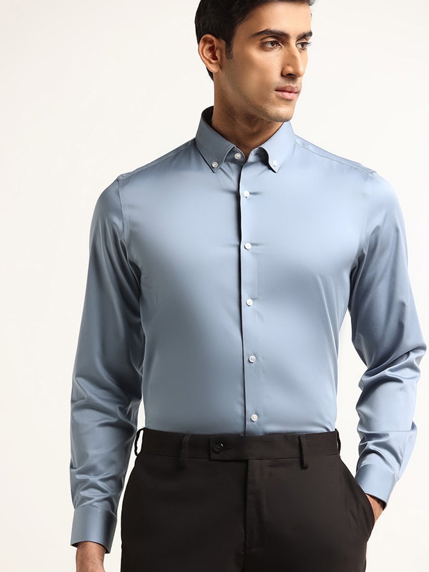 WES Formals by Westside Dusty Blue Solid Slim Fit Shirt
