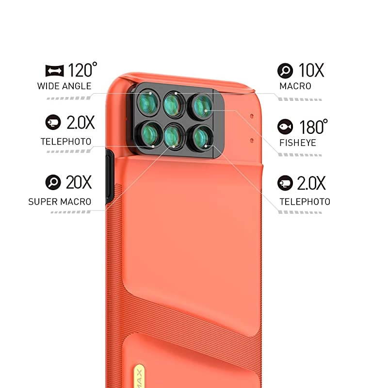 Lens Case for Apple iPhone Xs MAX: 6 in 1 Dual Optics Lens Kit (180&deg;Fisheye, 2X Telephoto,120&deg; Wide-Angle, 10X/20X Macro), Two Layers Double Protection (Black)