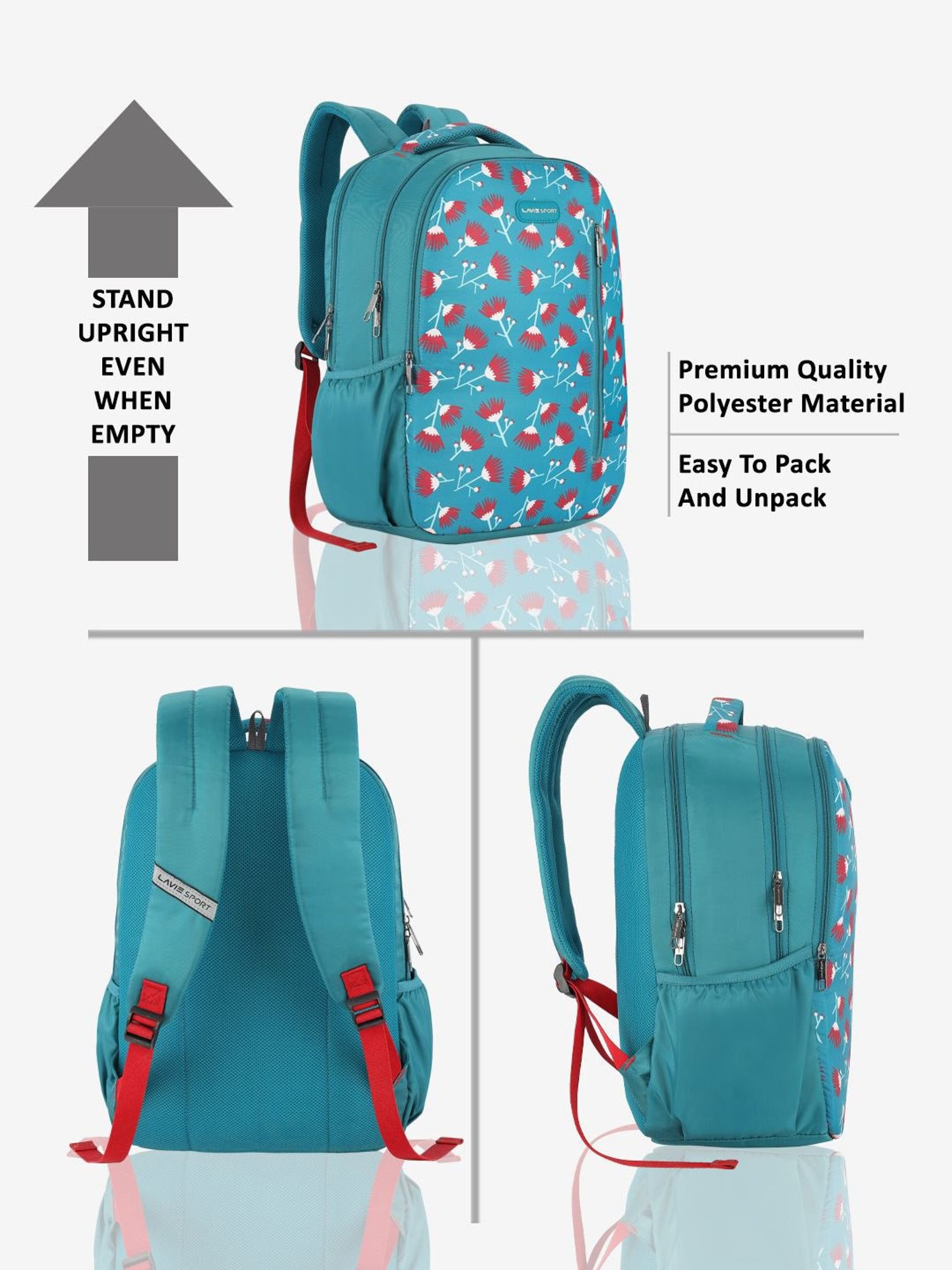Lavie Sport Tinybloom 26L Floral Printed School Backpack for Girls (Teal)