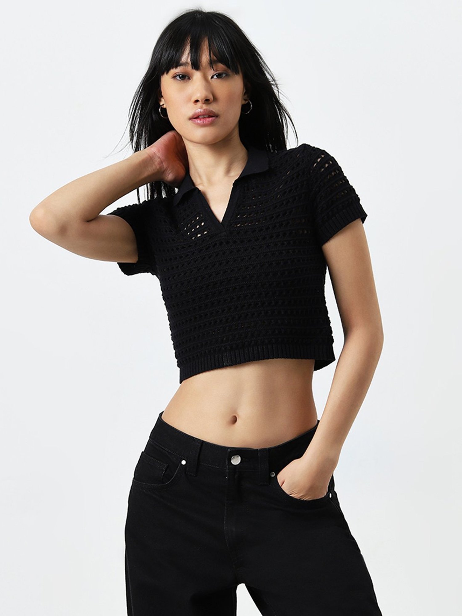 Nuon by Westside Black Crochet Detailed Cotton Top