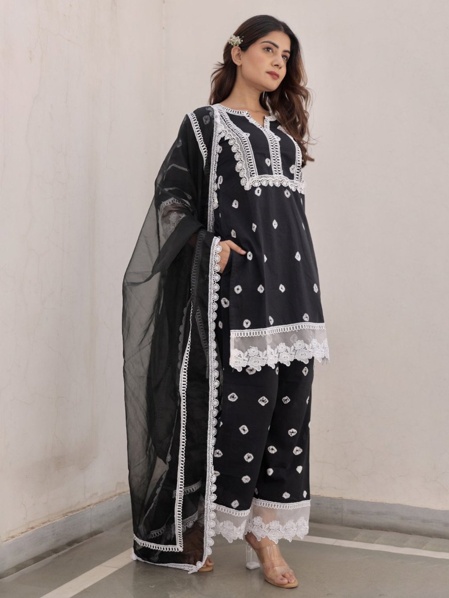Asrumo Black Sukoon Summer Tie And Dye Cotton Straight Kurta with Palazzo and Dupatta