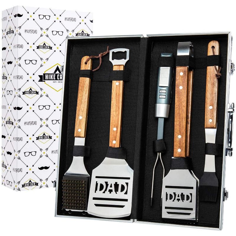 Hike Crew Deluxe Dad BBQ Tools Gift Set &ndash; 6-Piece Grill Accessories Utensils Kit Perfect for Holiday, Birthday or Father&rsquo;s Day &ndash; Tongs, Spatula, Digital Thermometer, Sauce Brush, Scraper, Carry Case