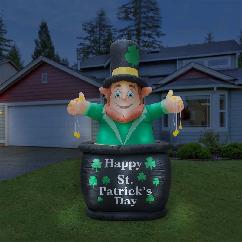 Holidayana 9 Foot Tall Inflatable St Patricks Day LED Pot of Gold Leprechaun Yard Decoration with Blower Fan, Tie Down Straps, Ground Anchor Stakes
