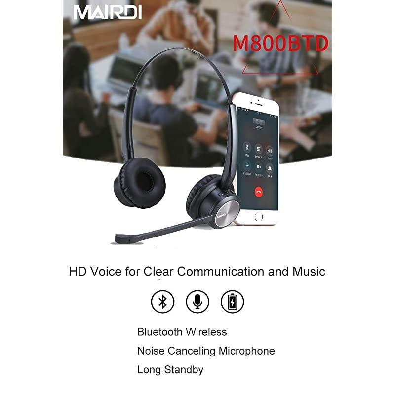 Wireless Telephone Headset with Noise Cancelling Microphone for Call Centers Office Bluetooth Headset for Cell Phone PC Skype Softphone Car Trucker Driver Over The Head with Charging Dock