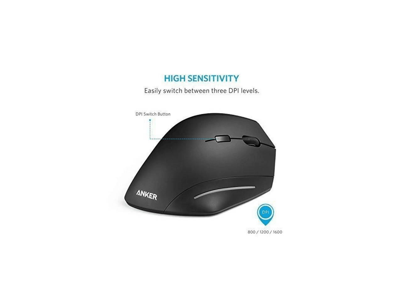 Wireless Mouse, Anker Ergonomic USB 2.4G Wireless Vertical Mouse with 3 Adjustable DPI Levels 800 / 1200 / 1600 and Side Controls - Black