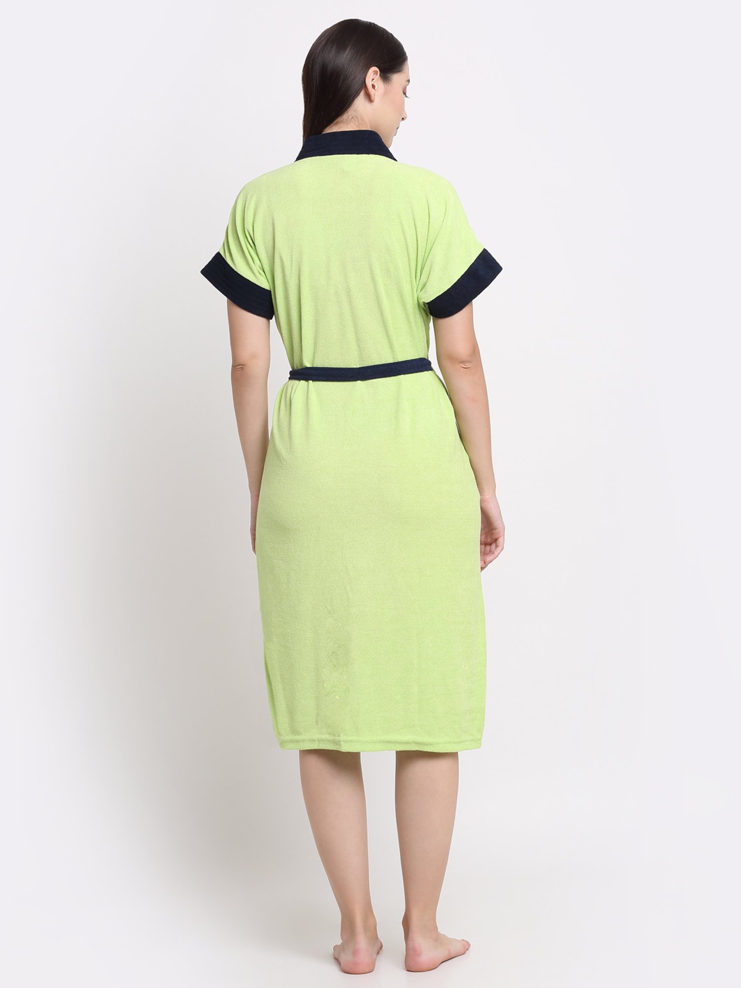 Creeva Everyday Parrot Green & Indigo 225 GSM Micro Terry Bathrobe with Front Pocket & Kimono Collar