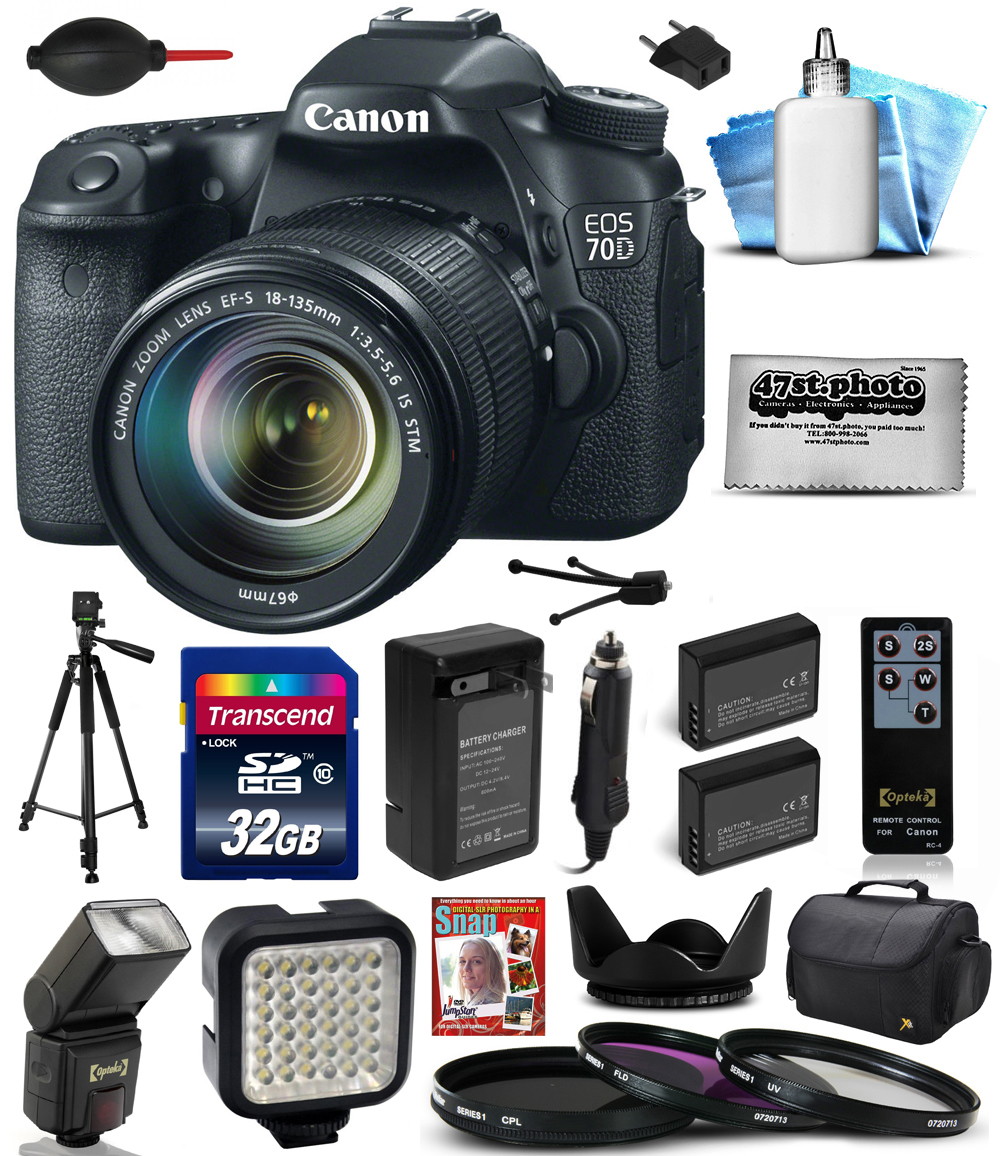 Canon EOS 70D Digital SLR Camera with 18-135mm STM Lens includes 32GB Memory + Case + Tripod + Flash + Video Light + Two Batteries + Charger + UV-CPL-FL Filters + Cleaning Kit 8469B016