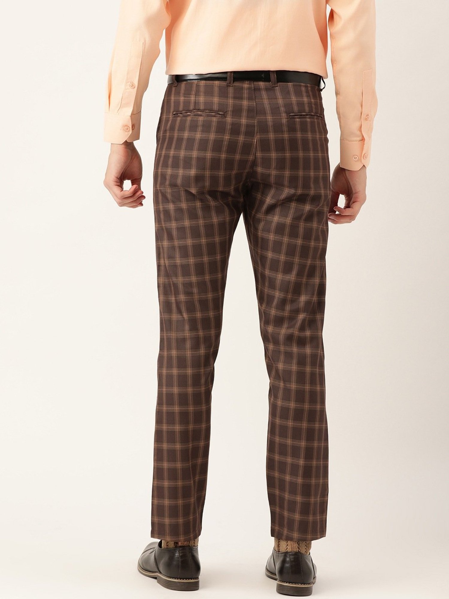 Sojanya Brown Cotton Regular Slim Fit Checks Flat Front Trousers