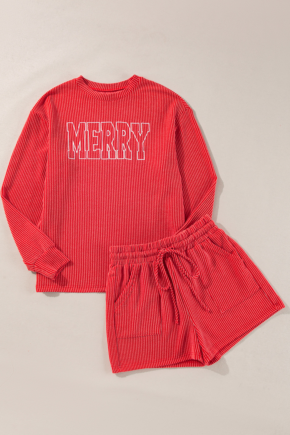 Racing Red Corded MERRY Long Sleeve Top and Shorts Pajama Set