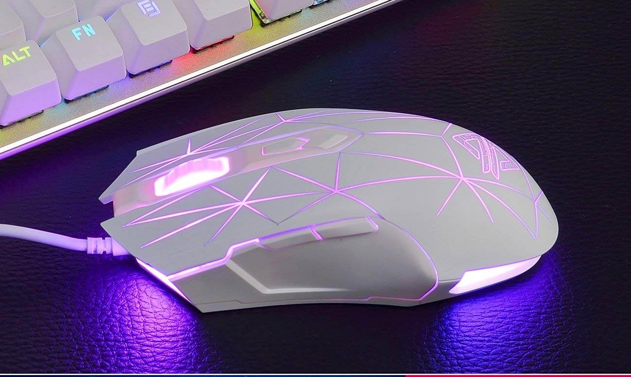 Ajazz AJ52 Watcher RGB Backlit Ergonomic Gaming Mouse, 2500 DPI A5050 7 Programmable Buttons Wired Gaming Mice for Windows Mac OS Linux, Competitor White Star