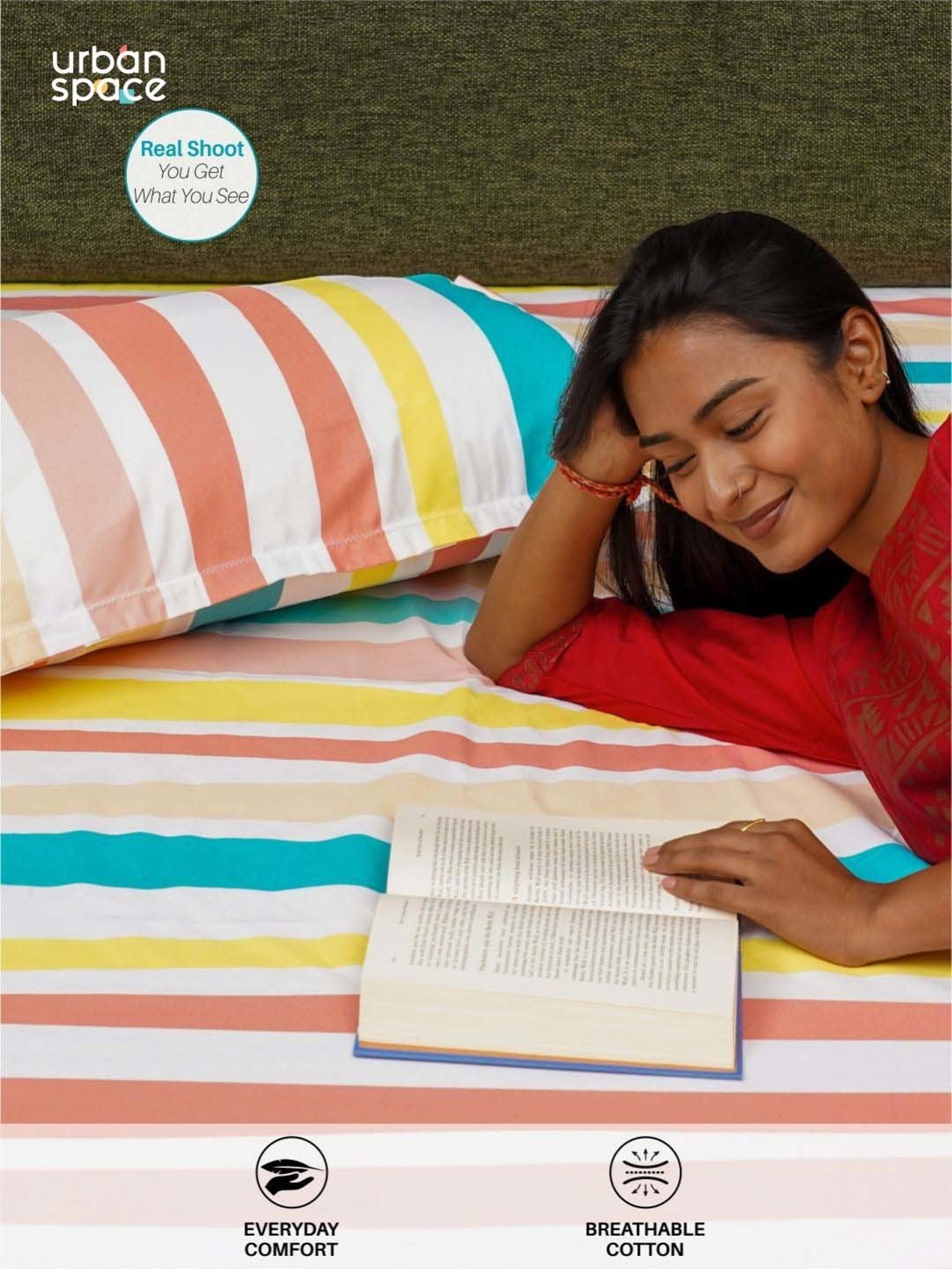 Urban Space Serene Multicolor Cotton 200 TC Queen Size Bedsheet With Pillow Covers