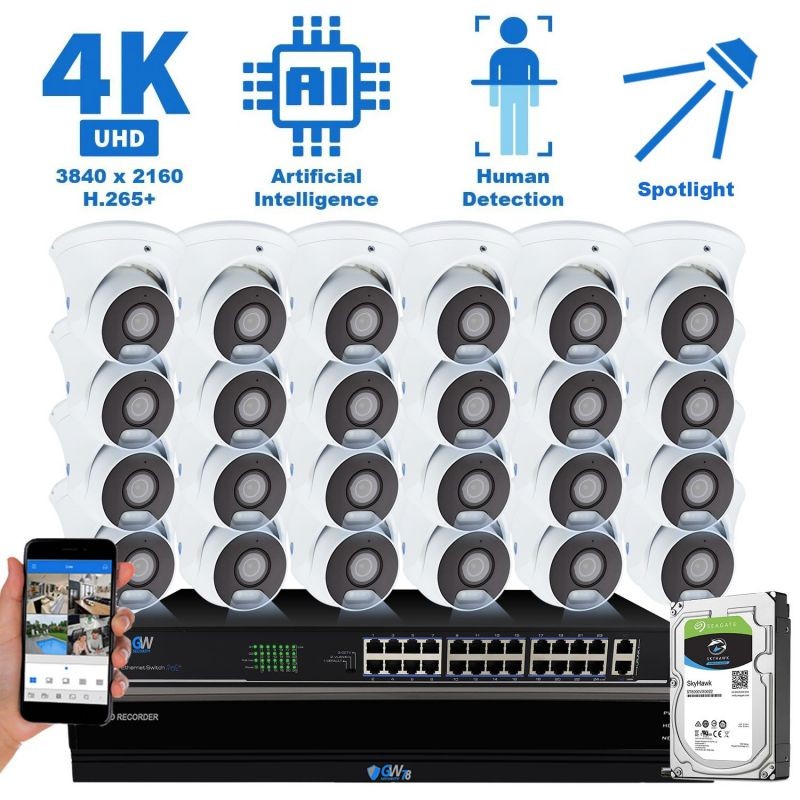 GW Security 8 Channel 15 Smart AI Functions Ultra HD 4K (8MP) Video & Audio Spotlight Color Night Vision Turret PoE IP Security Camera System (4 Cameras)